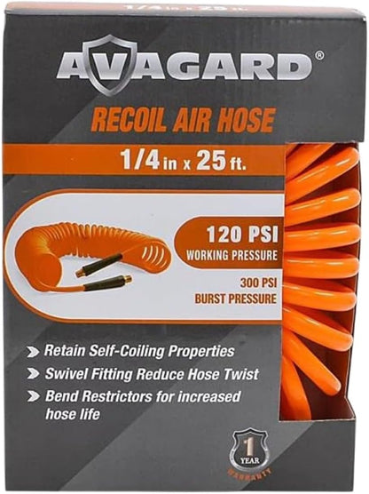 BluBird PUR1425 1/4" x 25' Economy PU Recoil Air Hose 120 PSI, Orange