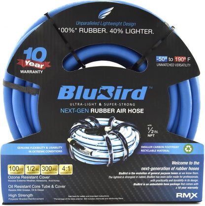 BLUBIRD BB12100 1/2" x 100' Rubber Air Hose, 100% Rubber, Lightest, Strongest
