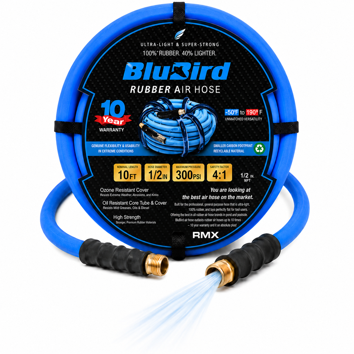 BLUBIRD BB1210 1/2" x 10' Rubber Air Hose, 100% Rubber, Light, Strong, Flexible