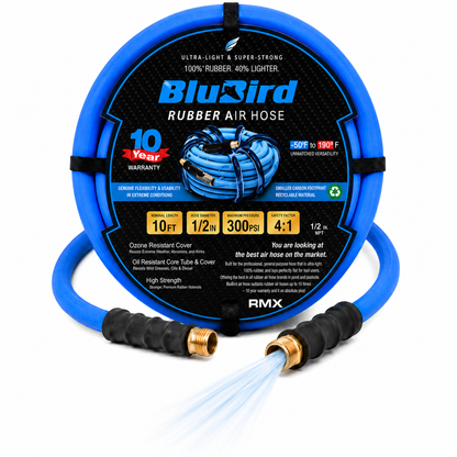 BLUBIRD BB1210 1/2" x 10' Rubber Air Hose, 100% Rubber, Light, Strong, Flexible