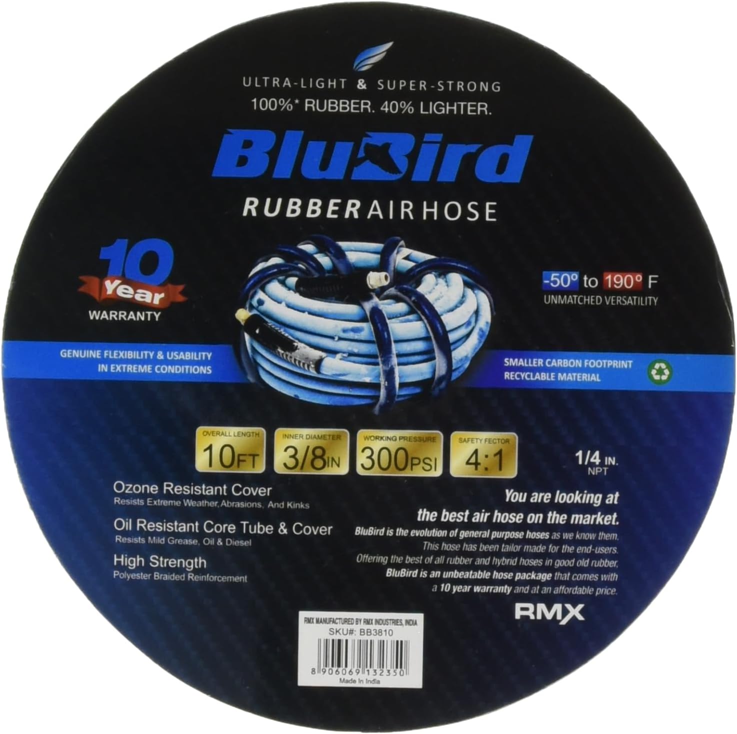 BLUBIRD BB1210 1/2" x 10' Rubber Air Hose, 100% Rubber, Light, Strong, Flexible