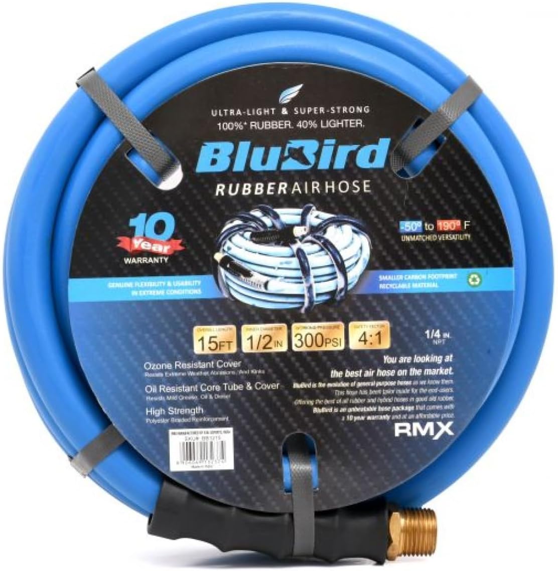 BLUBIRD BB1215 1/2" x 15' Rubber Air Hose, 100% Rubber, Light, Strong, Flexible