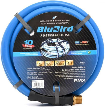 BLUBIRD BB1215 1/2" x 15' Rubber Air Hose, 100% Rubber, Light, Strong, Flexible