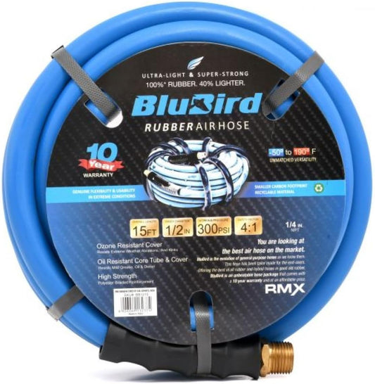 BLUBIRD BB1215 1/2" x 15' Rubber Air Hose, 100% Rubber, Light, Strong, Flexible