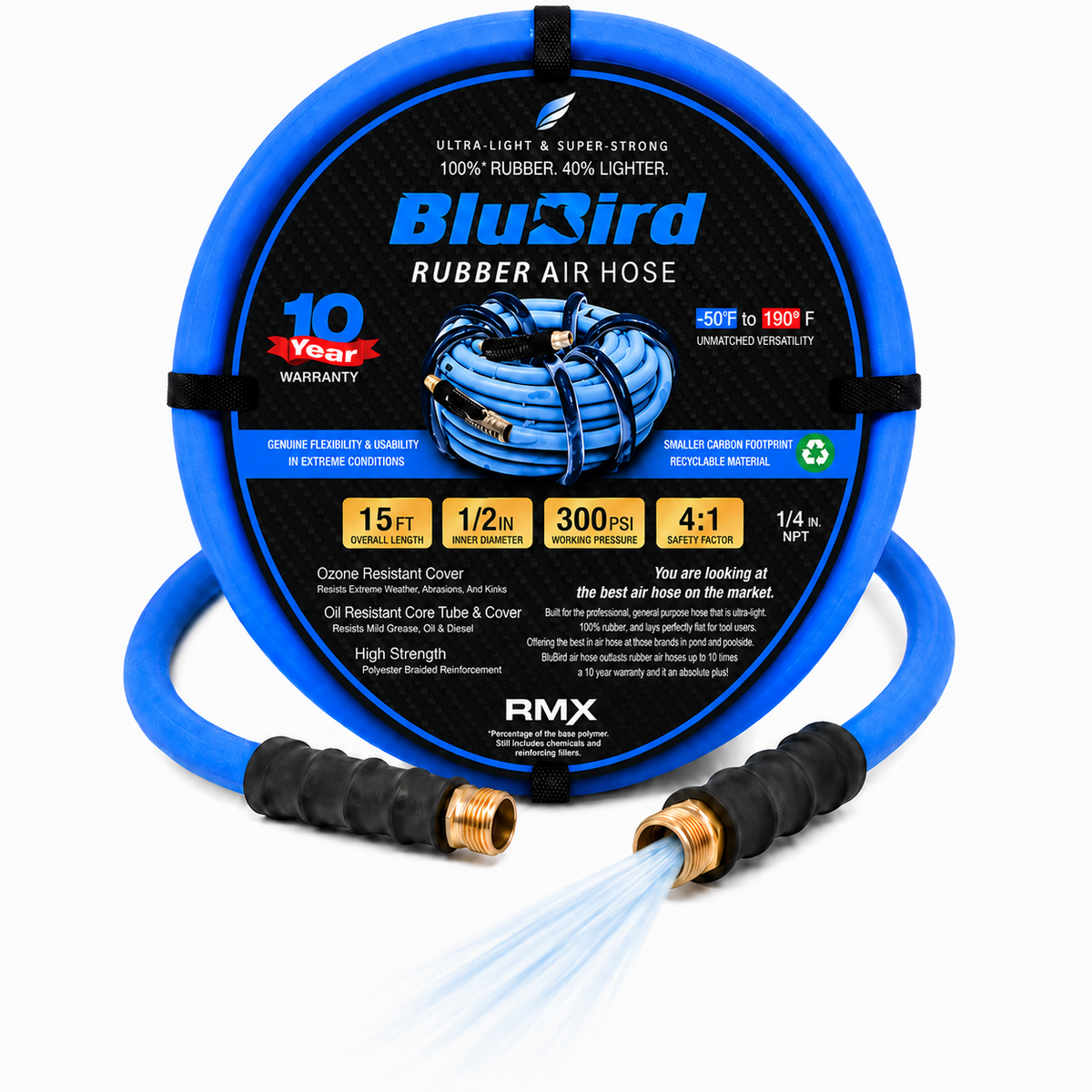 BLUBIRD BB1215 1/2" x 15' Rubber Air Hose, 100% Rubber, Light, Strong, Flexible