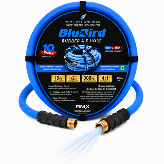 BLUBIRD BB1215 1/2" x 15' Rubber Air Hose, 100% Rubber, Light, Strong, Flexible