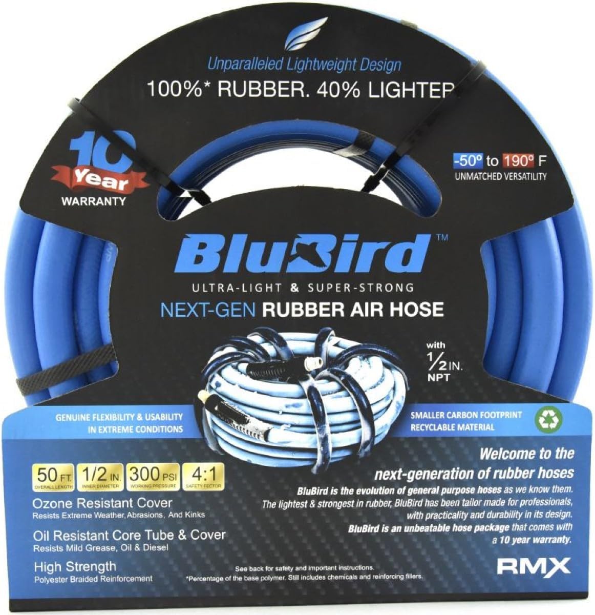 BLUBIRD BB1250 1/2" x 50' Rubber Air Hose, 100% Rubber, Lightest, Strongest