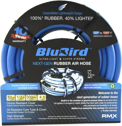 BLUBIRD BB1250 1/2" x 50' Rubber Air Hose, 100% Rubber, Lightest, Strongest