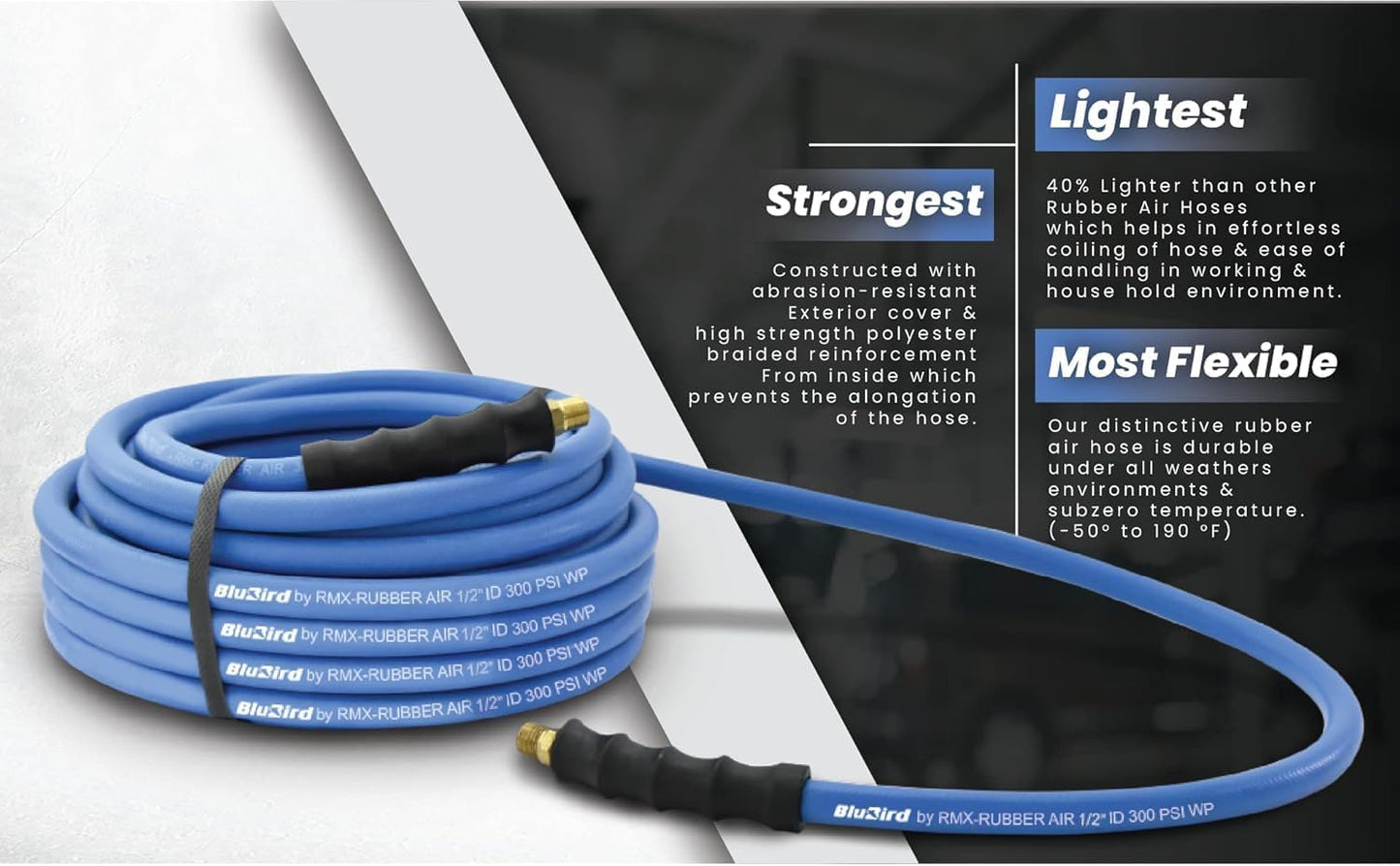 BLUBIRD BB1250 1/2" x 50' Rubber Air Hose, 100% Rubber, Lightest, Strongest
