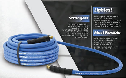 BLUBIRD BB1250 1/2" x 50' Rubber Air Hose, 100% Rubber, Lightest, Strongest