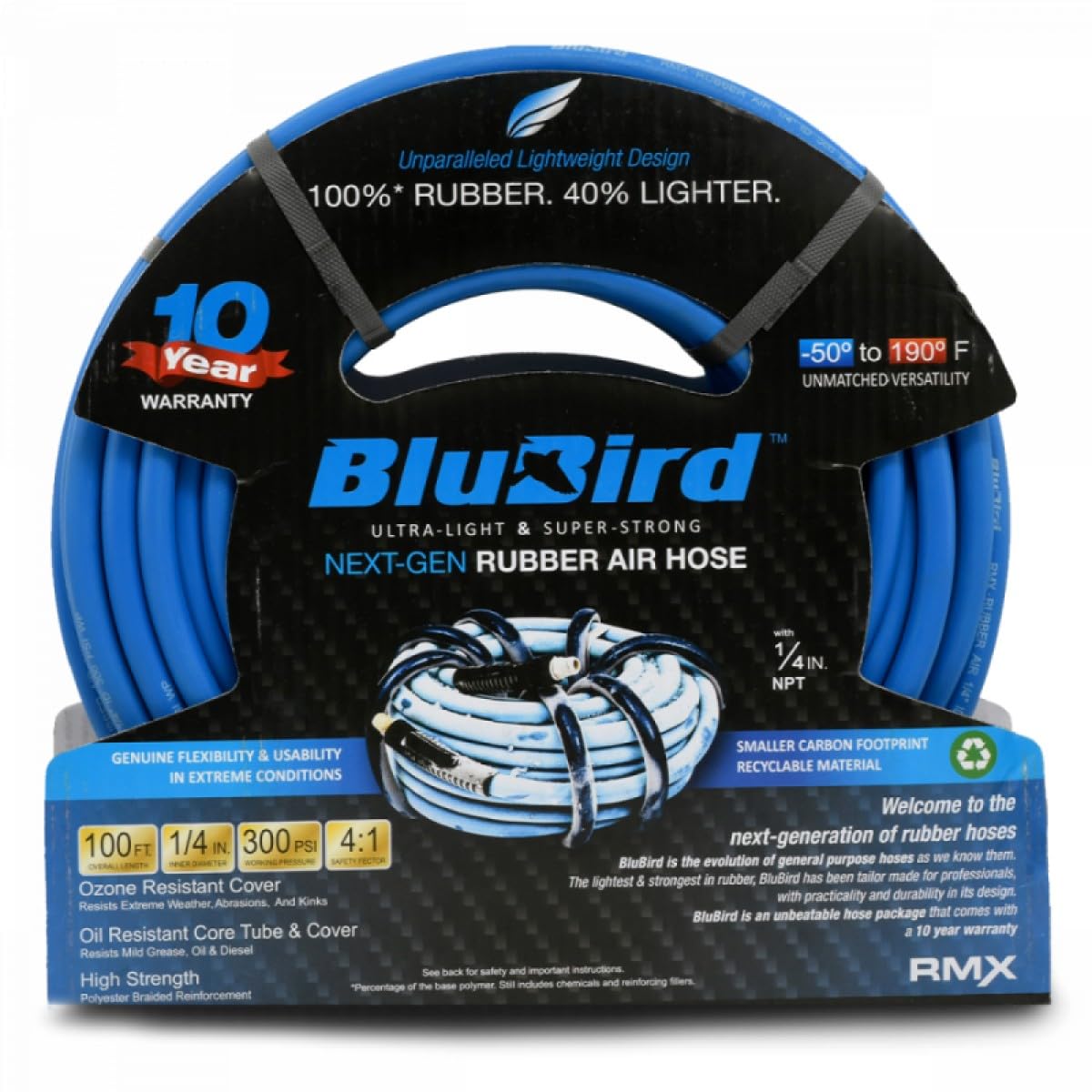 BLUBIRD Lightest, Strongest, Most Flexible Rubber Air Hose (1/4" x 100')