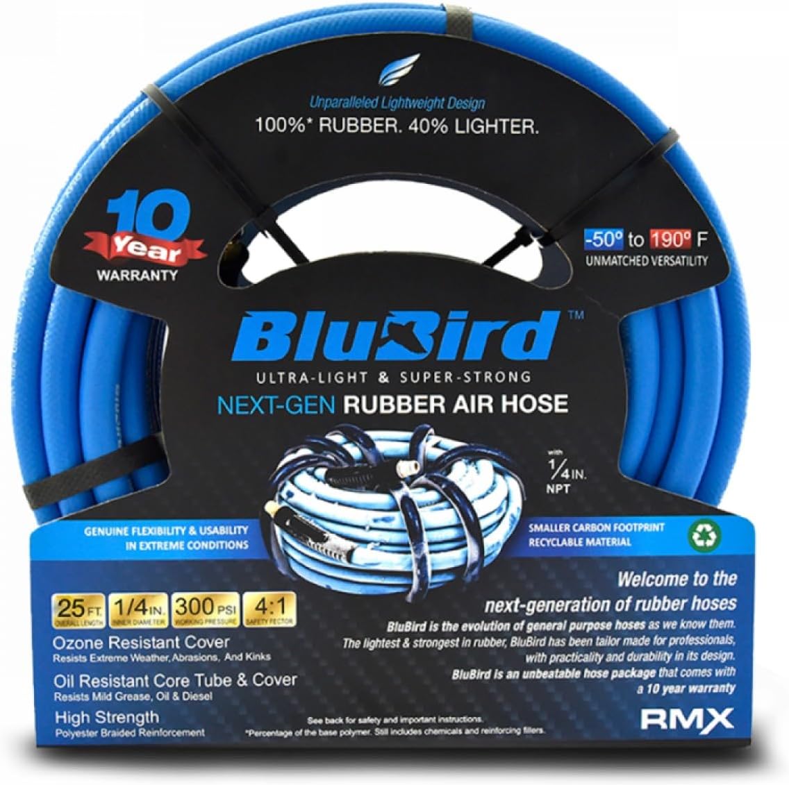 BLUBIRD BB1425 1/4" x 25' Rubber Air Hose, 100% Rubber, Light, Strong, Flexible