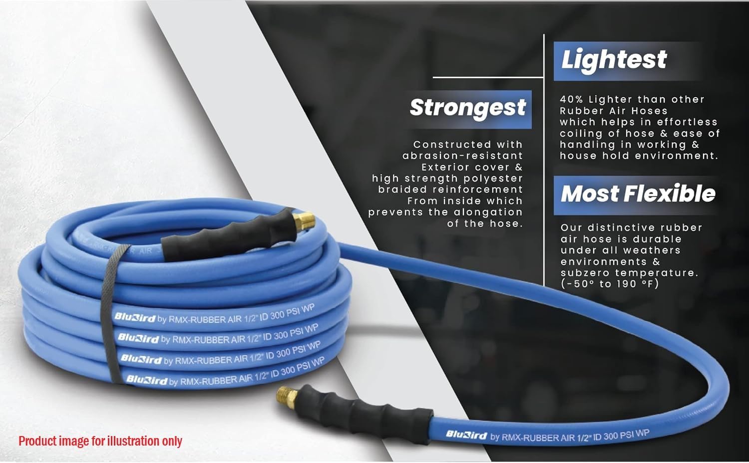 BLUBIRD BB1425 1/4" x 25' Rubber Air Hose, 100% Rubber, Light, Strong, Flexible