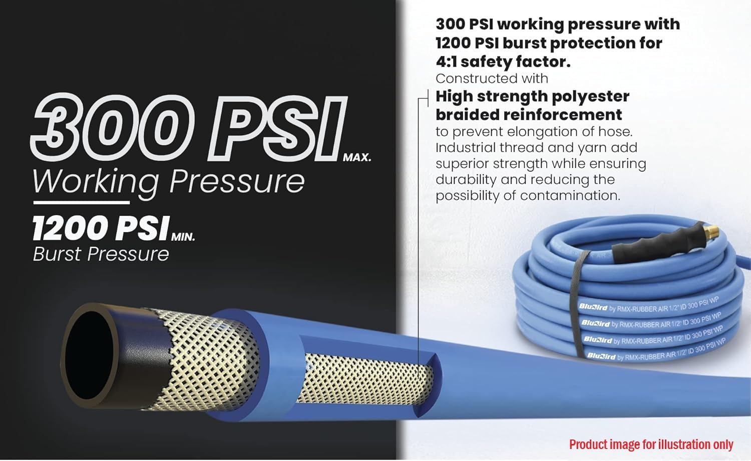 BLUBIRD BB1425 1/4" x 25' Rubber Air Hose, 100% Rubber, Light, Strong, Flexible