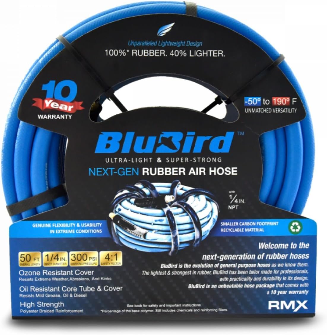 BluBird Lightest, Strongest, Most Flexible Rubber Air Hose (1/4" x 50') - BB1450