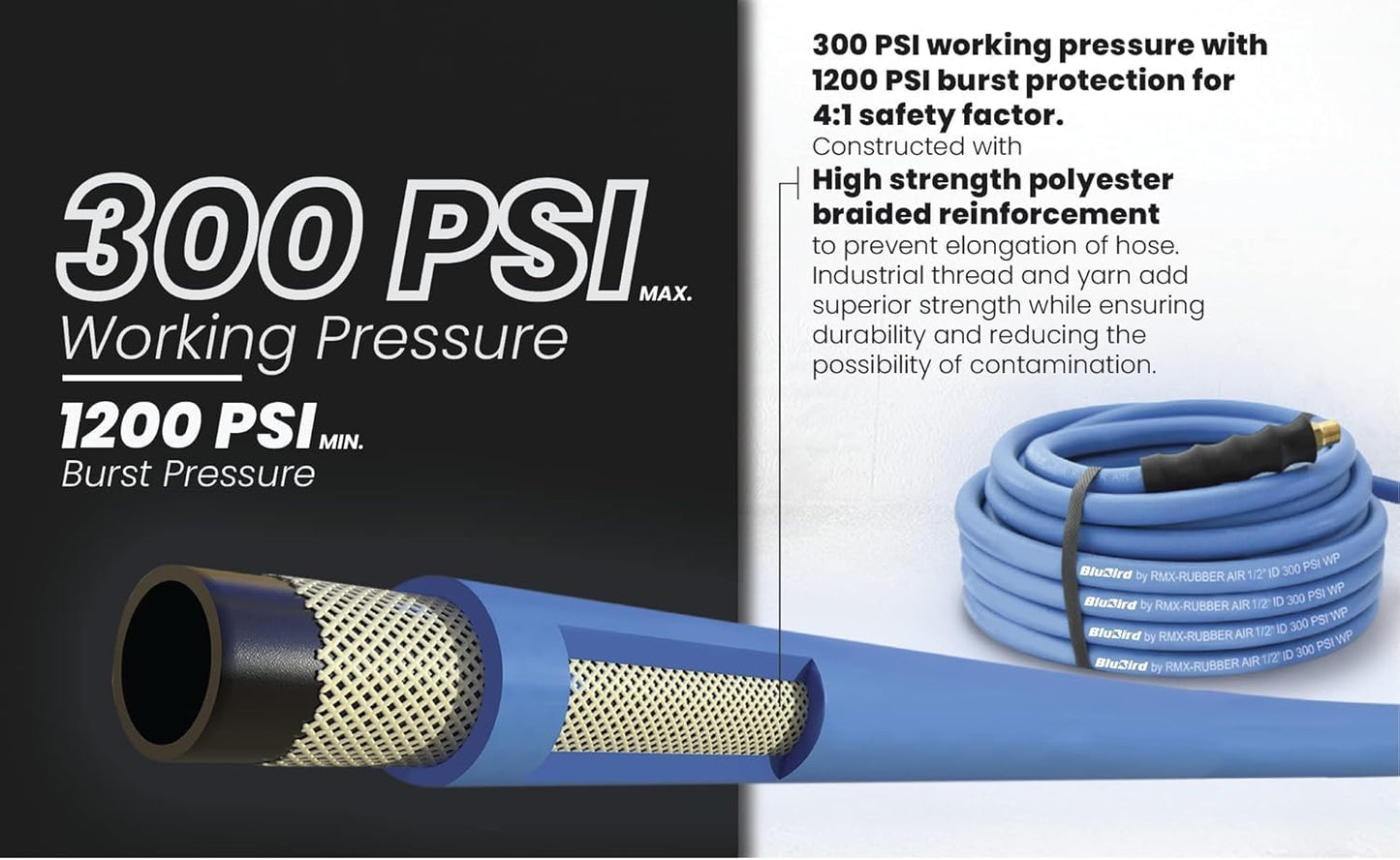 BluBird Lightest, Strongest, Most Flexible Rubber Air Hose (1/4" x 50') - BB1450