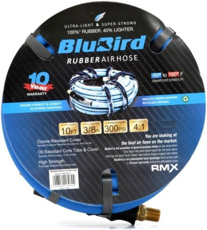 BLUBIRD BB3810 3/8" x 10' Rubber Air Hose, 100% Rubber, Lightest, Strongest