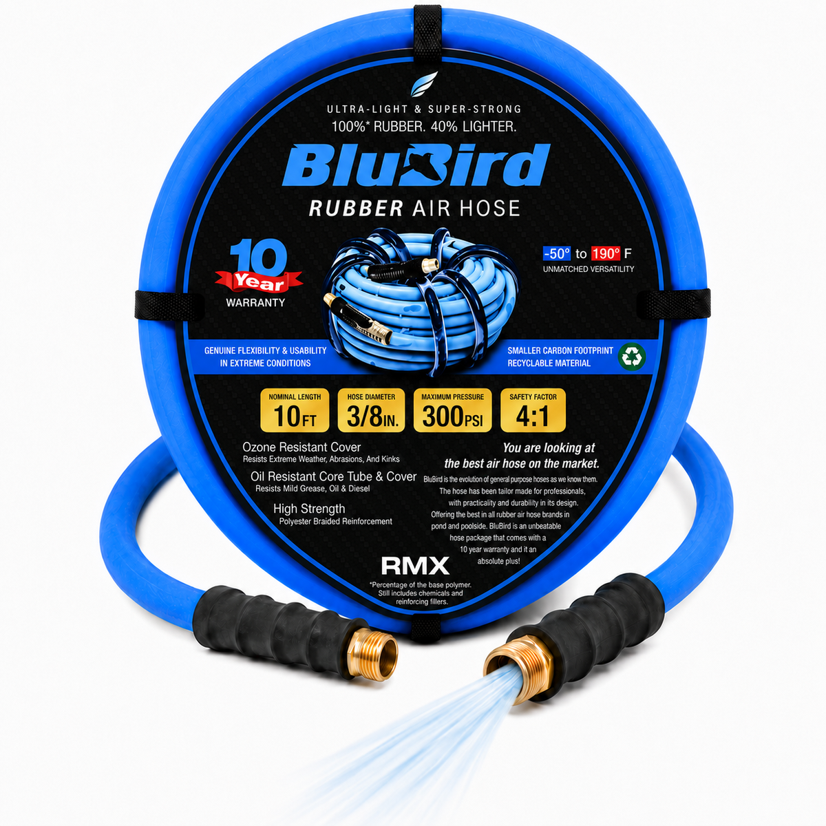 BLUBIRD BB3810 3/8" x 10' Rubber Air Hose, 100% Rubber, Lightest, Strongest