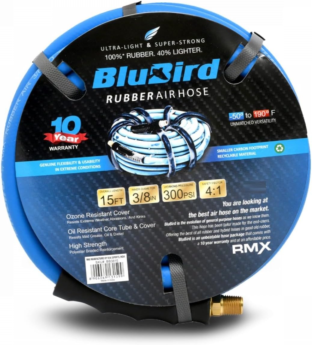 BLUBIRD BB3815 3/8" x 15' Rubber Air Hose, 100% Rubber, Light, Strong, Flexible