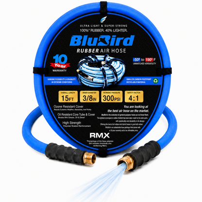 BLUBIRD BB3815 3/8" x 15' Rubber Air Hose, 100% Rubber, Light, Strong, Flexible