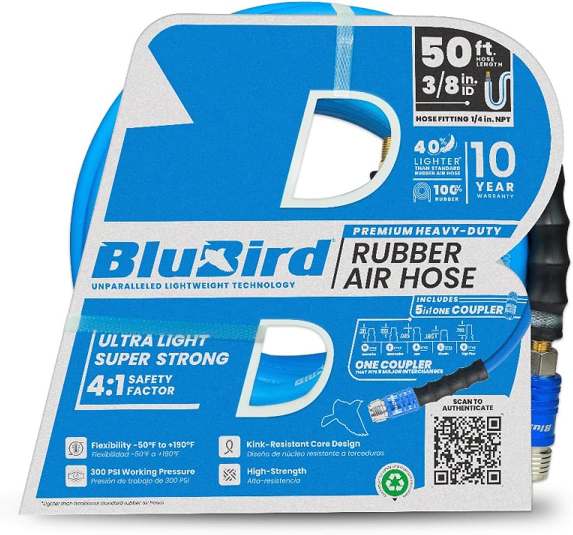 BluBird Rubber Air Hose 3/8" X 50'- 3/8" Male-NPT, 300 PSI EPDM - 5 in 1 Coupler