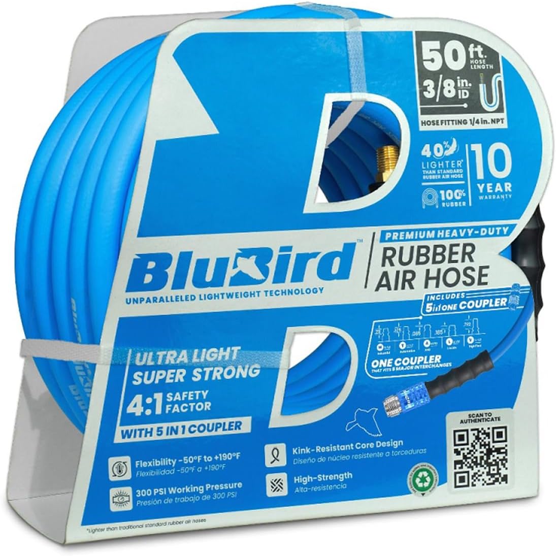 BluBird Rubber Air Hose 3/8" X 50'- 3/8" Male-NPT, 300 PSI EPDM - 5 in 1 Coupler