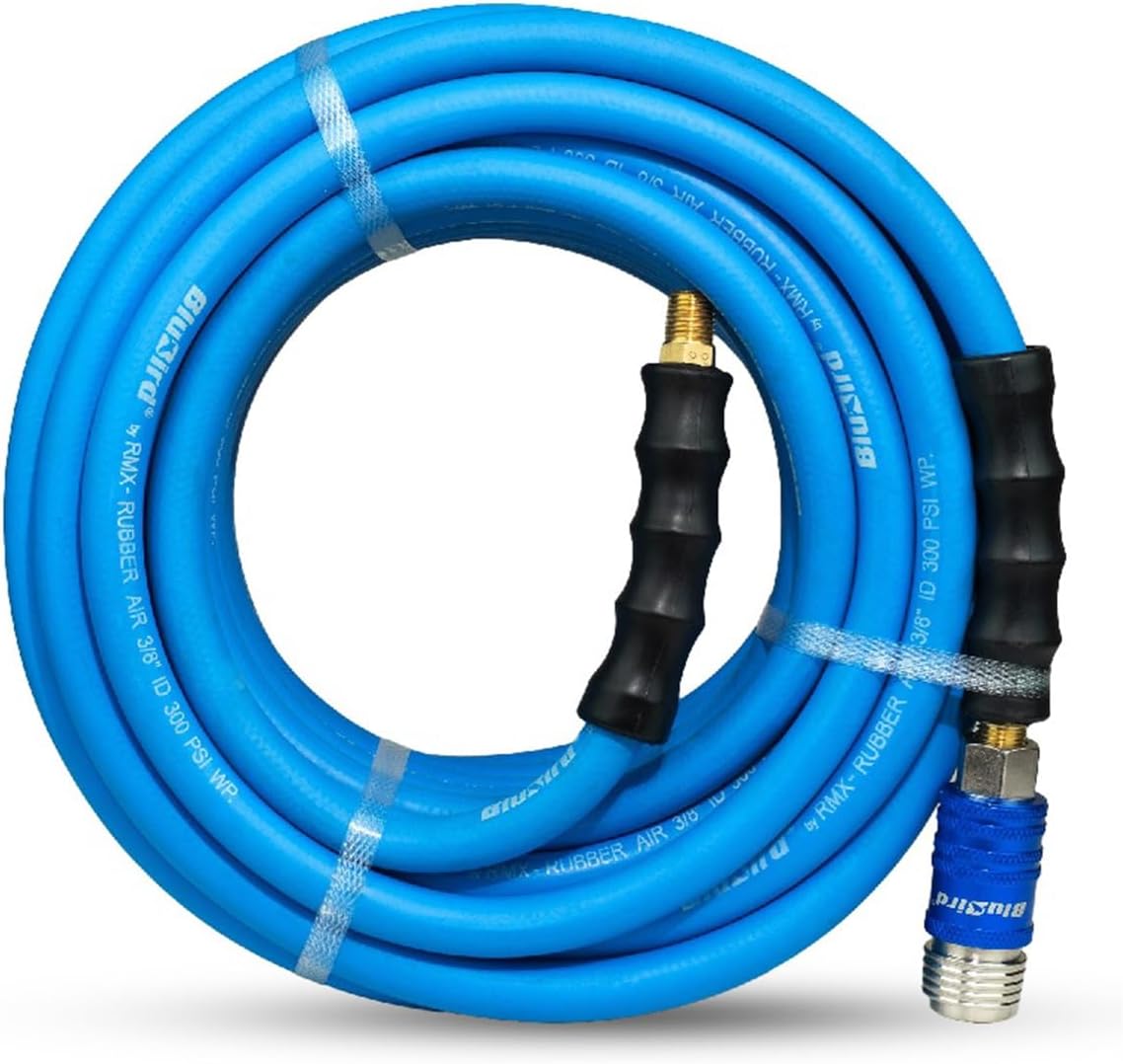 BluBird Rubber Air Hose 3/8" X 50'- 3/8" Male-NPT, 300 PSI EPDM - 5 in 1 Coupler
