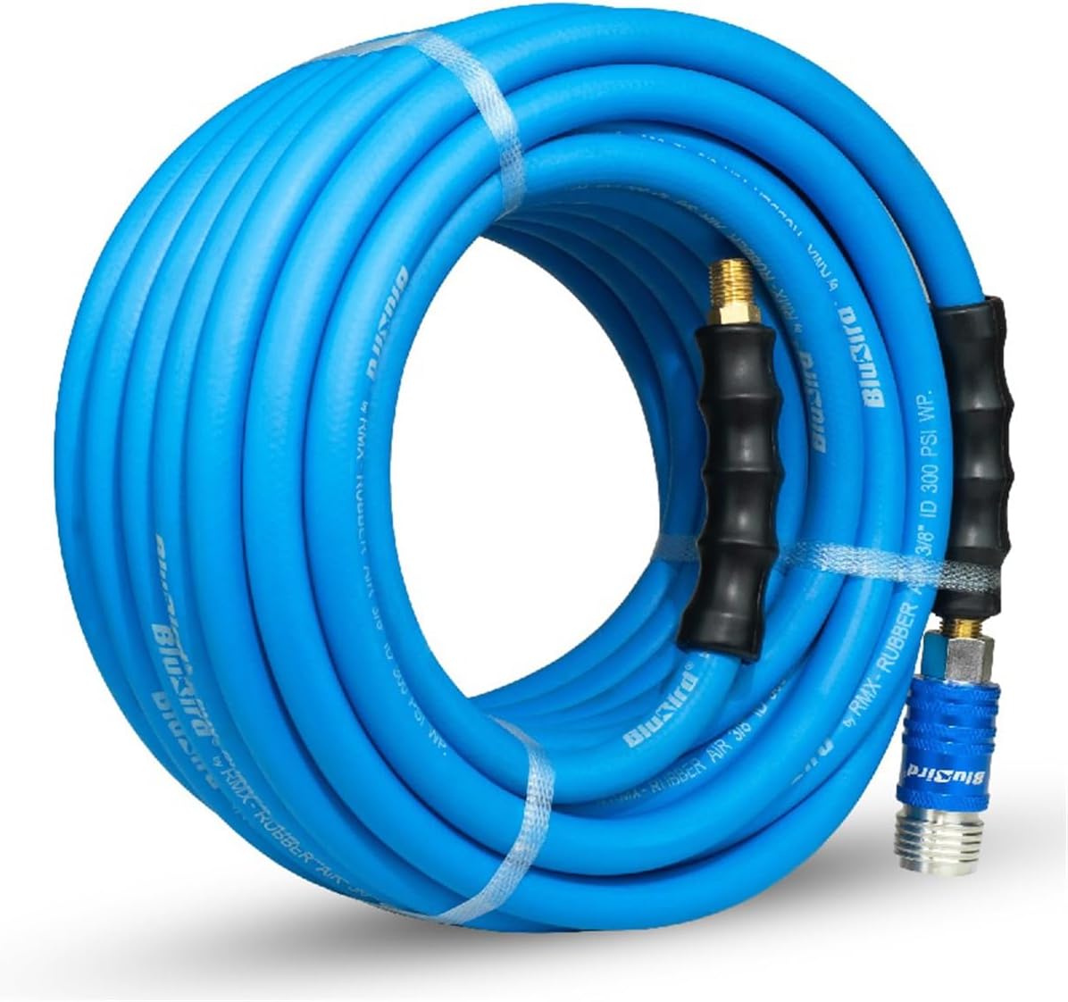 BluBird Rubber Air Hose 3/8" X 50'- 3/8" Male-NPT, 300 PSI EPDM - 5 in 1 Coupler