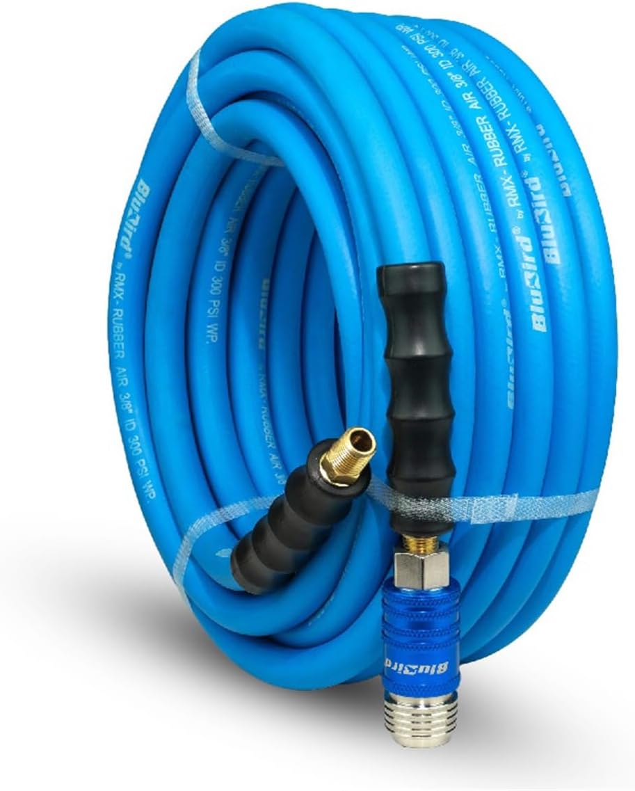 BluBird Rubber Air Hose 3/8" X 50'- 3/8" Male-NPT, 300 PSI EPDM - 5 in 1 Coupler