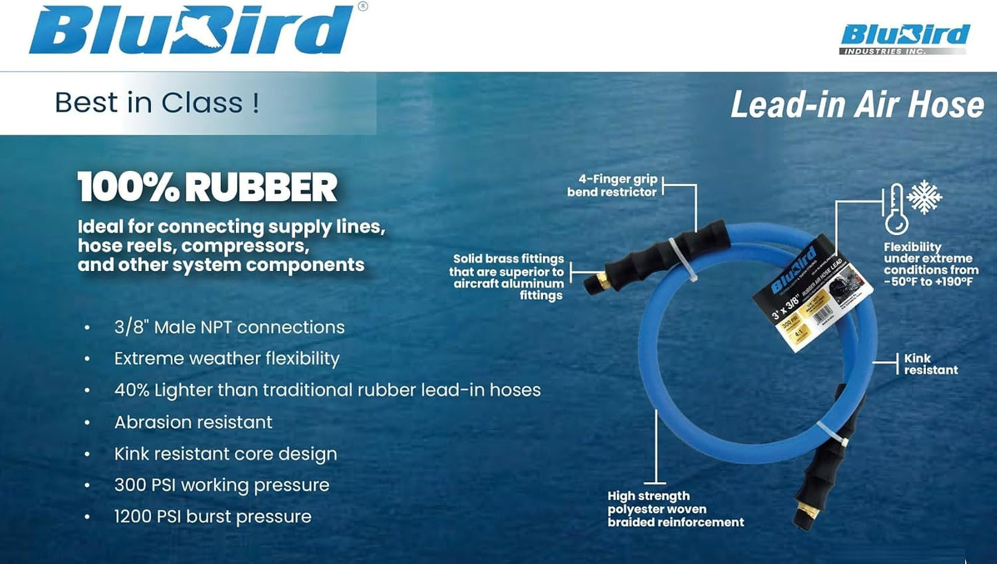 BLUBIRD 1/2" x 3' Rubber Air Leader Hose, 100% Rubber, Light, Strong, Flexible