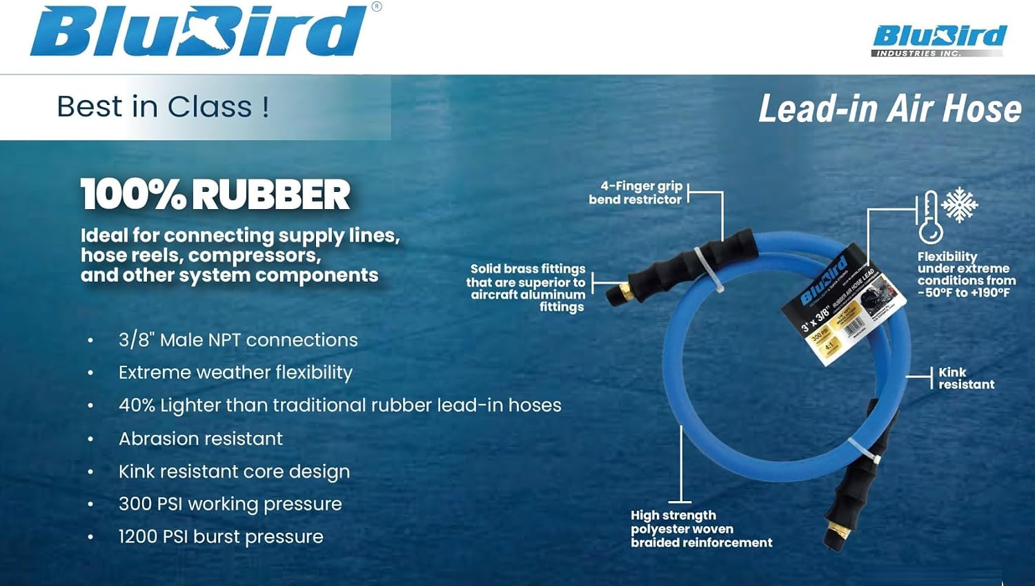 BLUBIRD 1/2" x 3' Rubber Air Leader Hose, 100% Rubber, Light, Strong, Flexible