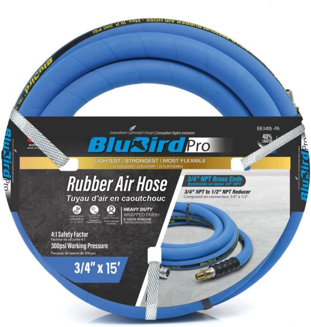 BLUBIRD BB3415 3/4" x 15' Rubber Air Hose, 100% Rubber, Lightest, Strongest
