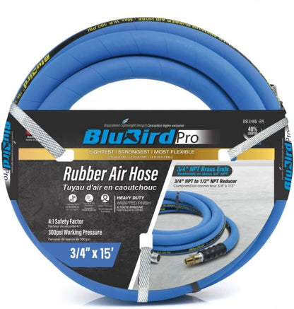 BLUBIRD BB3415 3/4" x 15' Rubber Air Hose, 100% Rubber, Lightest, Strongest