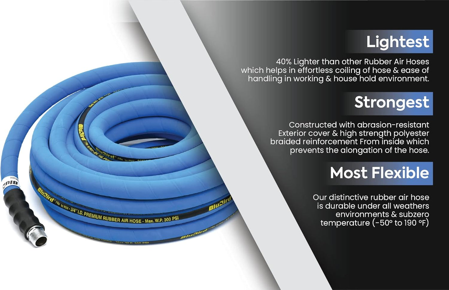 BLUBIRD BB3425 3/4" x 25' Rubber Air Hose, 100% Rubber, Lightest, Strongest