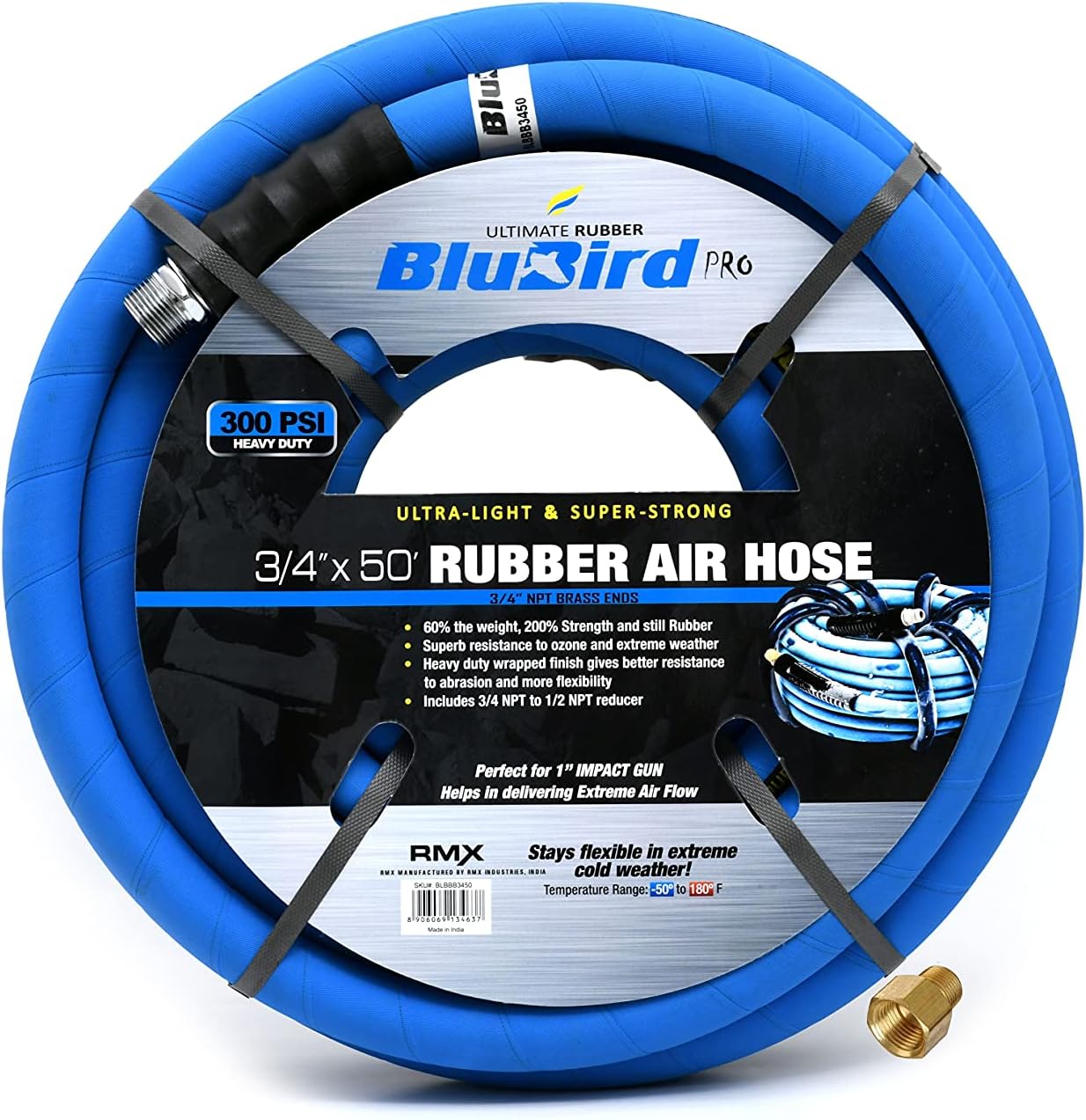 BLUBIRD BB3450 3/4" x 50' Rubber Air Hose, 100% Rubber, Lightest, Strongest