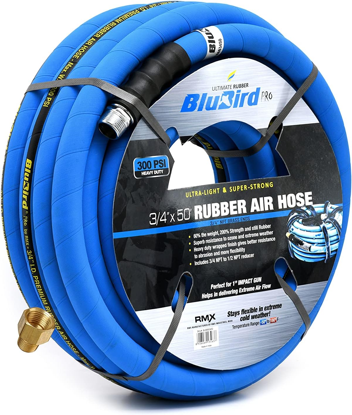 BLUBIRD BB3450 3/4" x 50' Rubber Air Hose, 100% Rubber, Lightest, Strongest