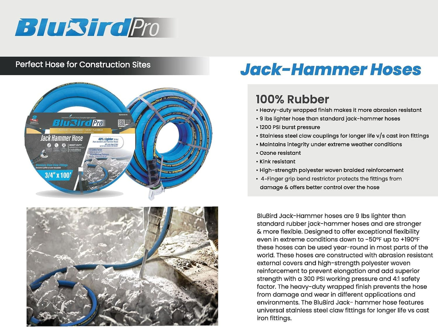Rubber Jack Hammer Air Hose Assembly 3/4" x 50'