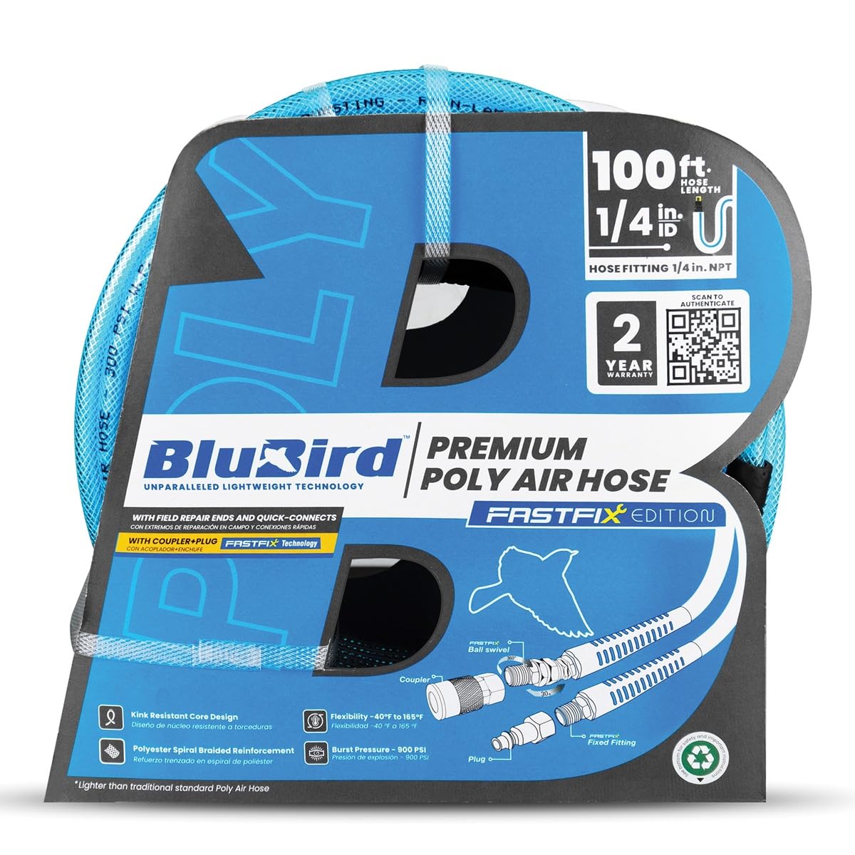 BLUBIRD BBPU14100 1/4" x 100' Premium Poly Air Hose - 300 PSI, Lightweight