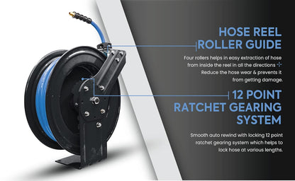 BluBird 20ga. Retractable Air Hose Reel - Next-Gen Rubber Hose (3/8" x 50')