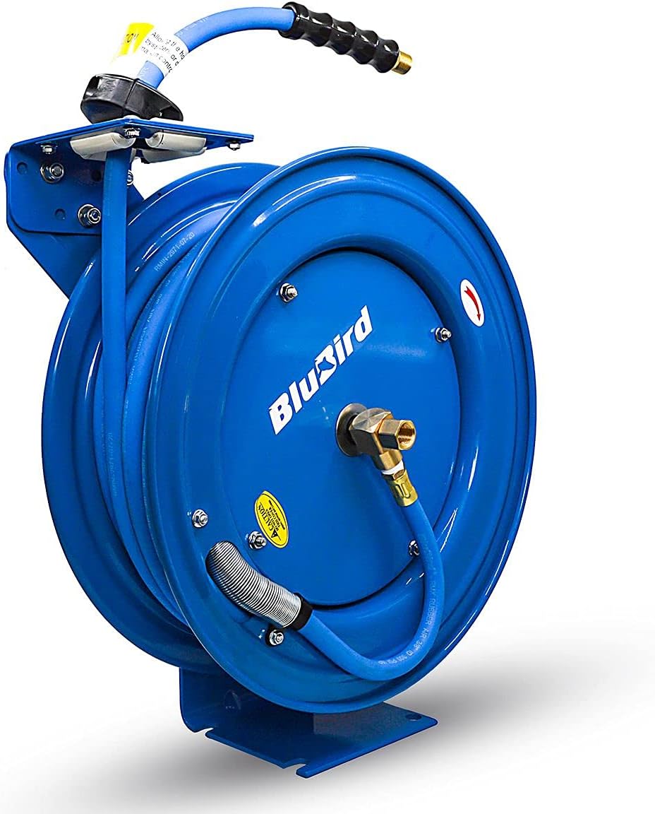 BLUBIRD BBR3875 18ga. Retractable Hose Reel with 3/8" x 75' Air Hose, Ratcheting