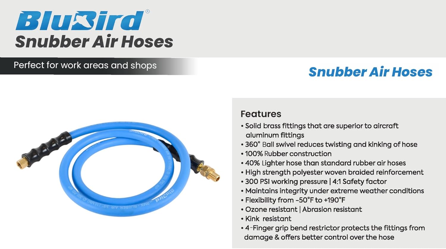 BLUBIRD BBSR3805 3/8" x 5' Rubber Air Snubber Hose, Light, Strong, Flexible