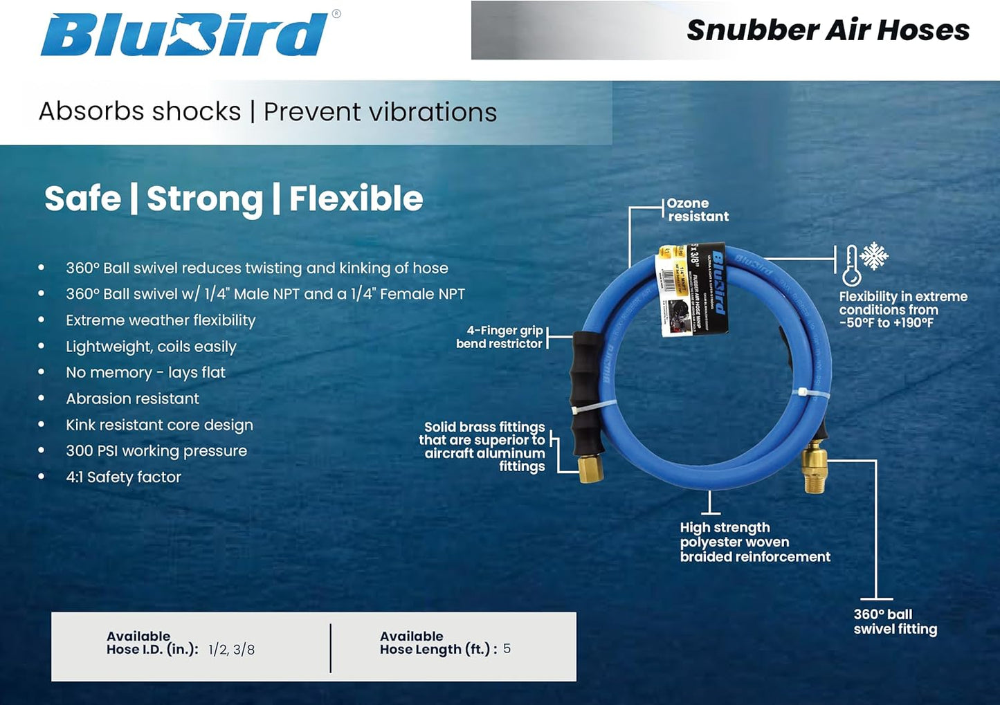 BLUBIRD BBSR3805 3/8" x 5' Rubber Air Snubber Hose, Light, Strong, Flexible