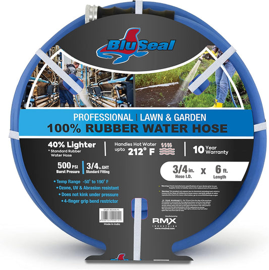 BluSeal Hot/Cold Water Rubber Garden Hose, 100% Rubber, Ultra-Light (3/4" x 6')