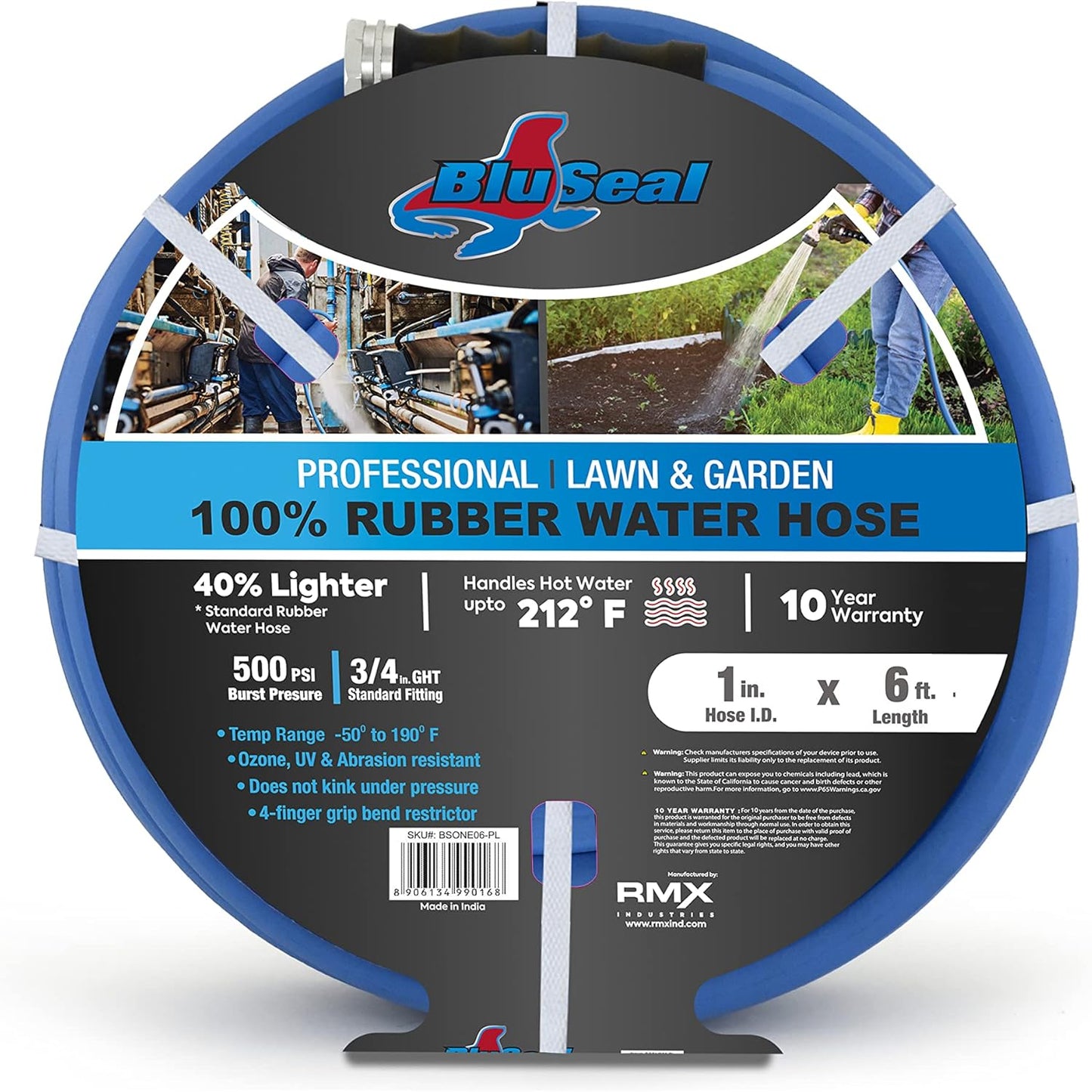 BluSeal Hot/Cold Water Rubber Garden Hose, 100% Rubber, Ultra-Light Super Strong