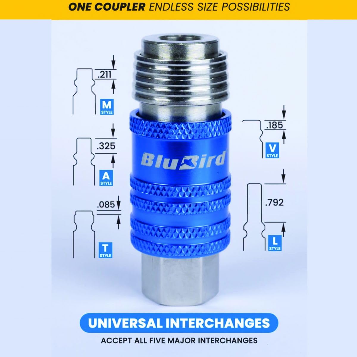 BluBird CP5-1 5-in-1 Universal Safety Air Coupler – 1/4" Female Thread