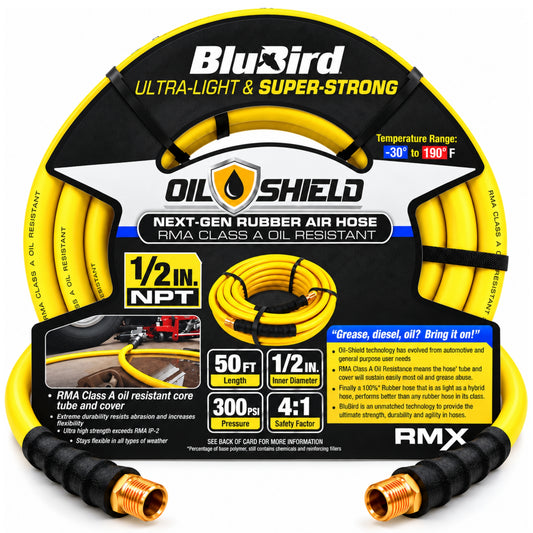BluBird Oil Shield RMA Class A Professional Rubber Air Hose (1/2" x 25') 1/2 NPT