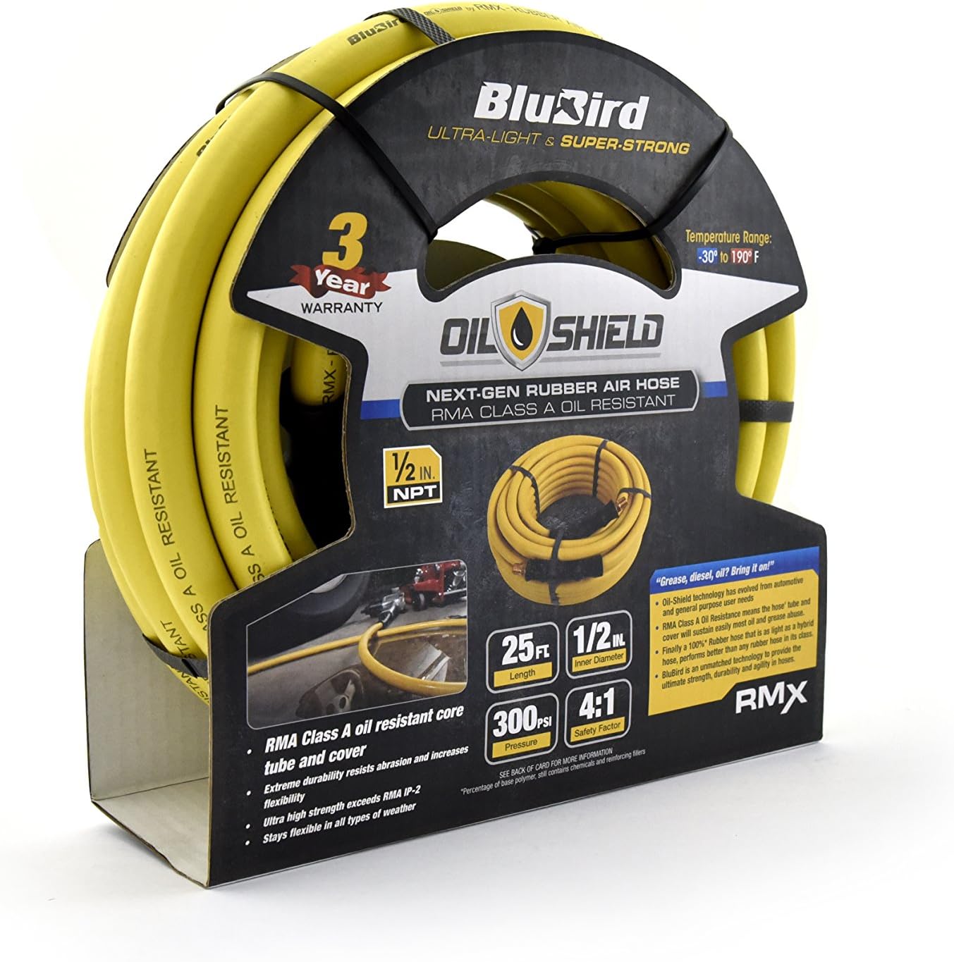 BluBird Oil Shield RMA Class A Professional Rubber Air Hose (1/2" x 25') 1/2 NPT