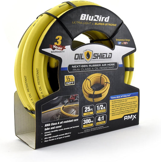 BluBird Oil Shield RMA Class A Professional Rubber Air Hose (1/2" x 25') 1/2 NPT