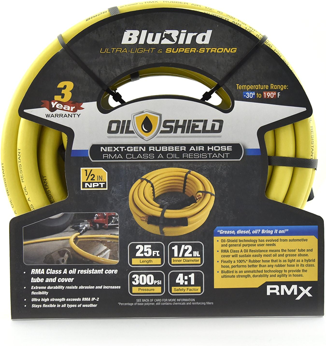 BluBird Oil Shield RMA Class A Professional Rubber Air Hose (1/2" x 25') 1/2 NPT