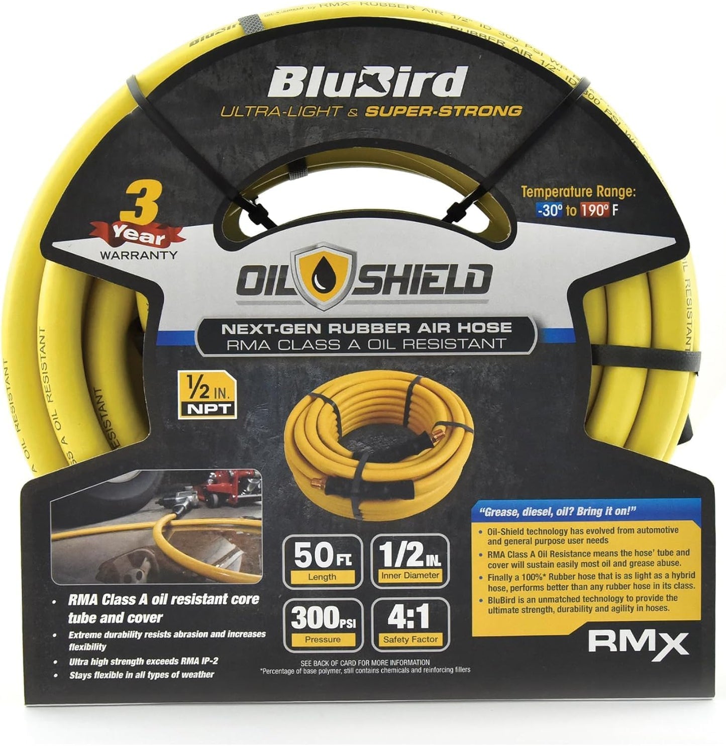 OIL SHIELD OS1250 1/2" x 50' Class A Rubber Air Hose, -50F to 200F, 1200PSI